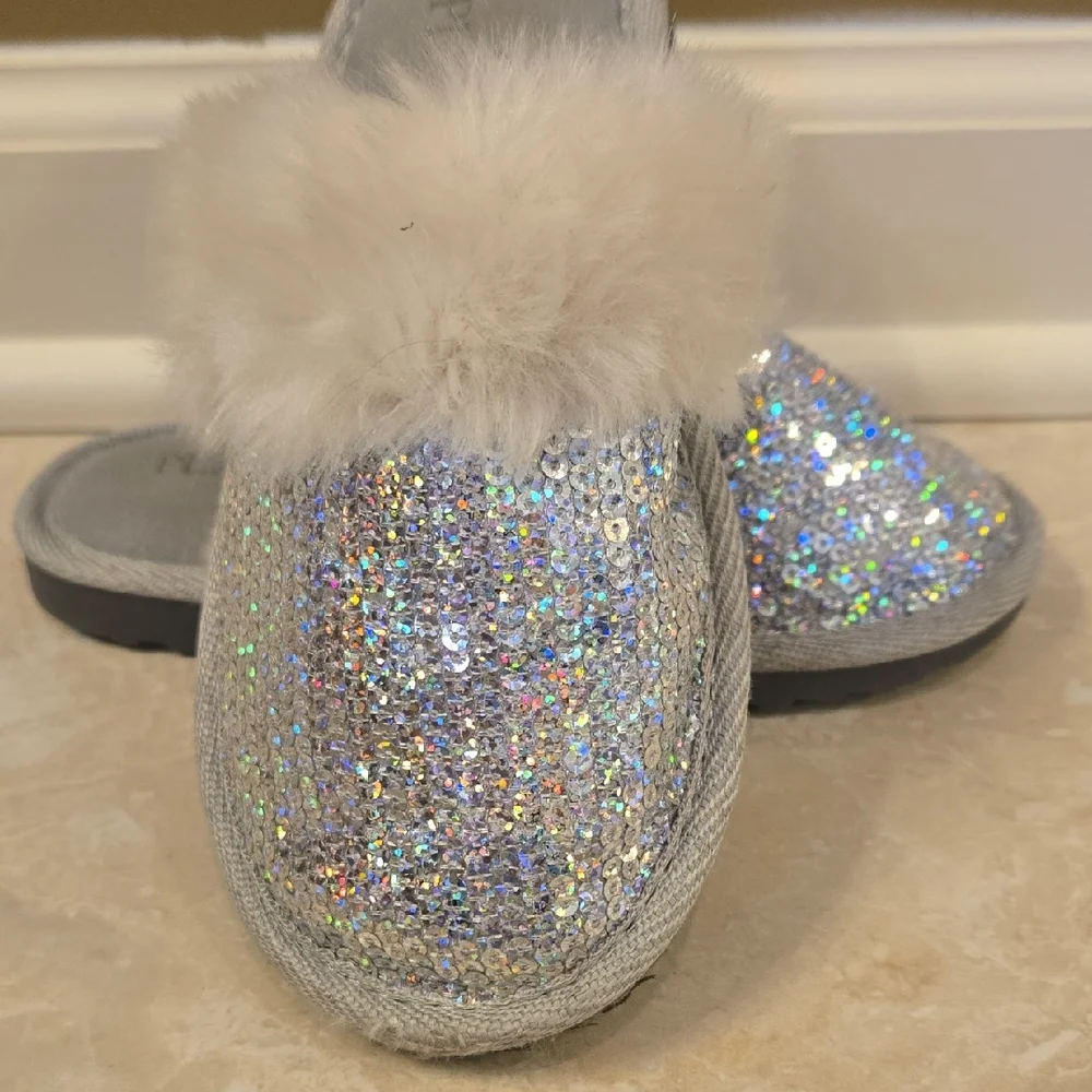 The Children's Place Sparkly Silver Slippers with Plush Trim (12-13)